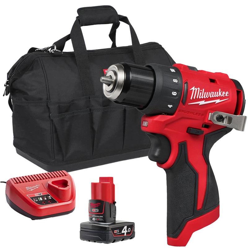 Milwaukee M12BLDDRC-0 12V Brushless Drill Driver with 1 x 4.0Ah Battery Charger & Bag