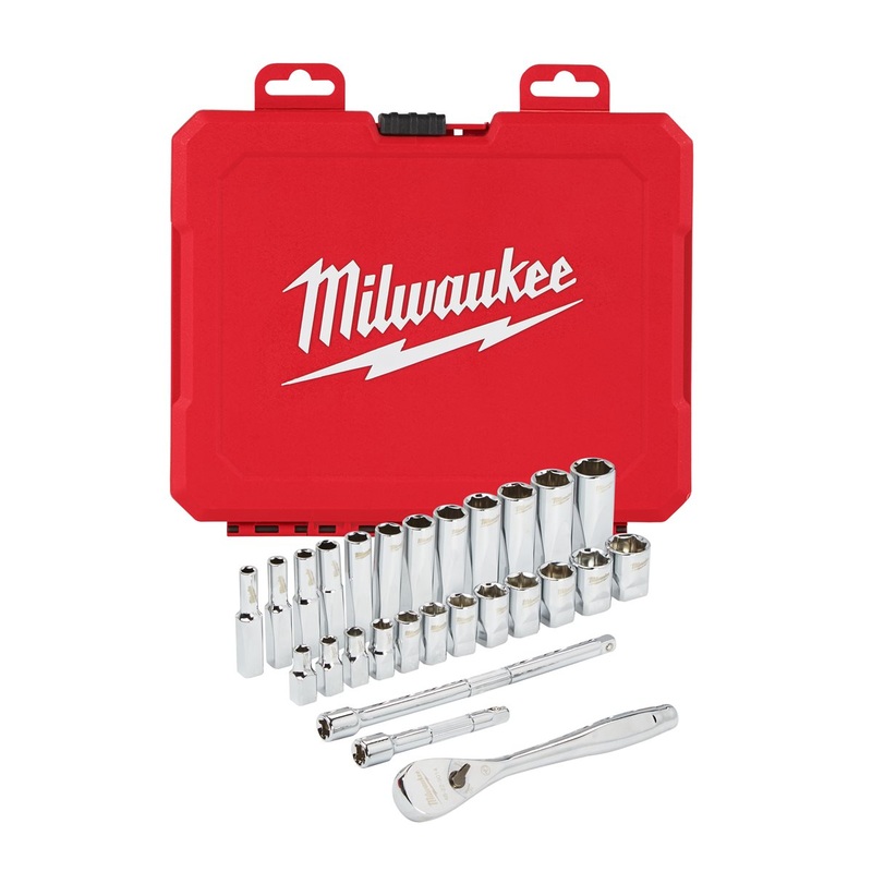 Milwaukee 1/4 Drive Ratchet & Metric Socket Set 28 Piece in Case 4932464943