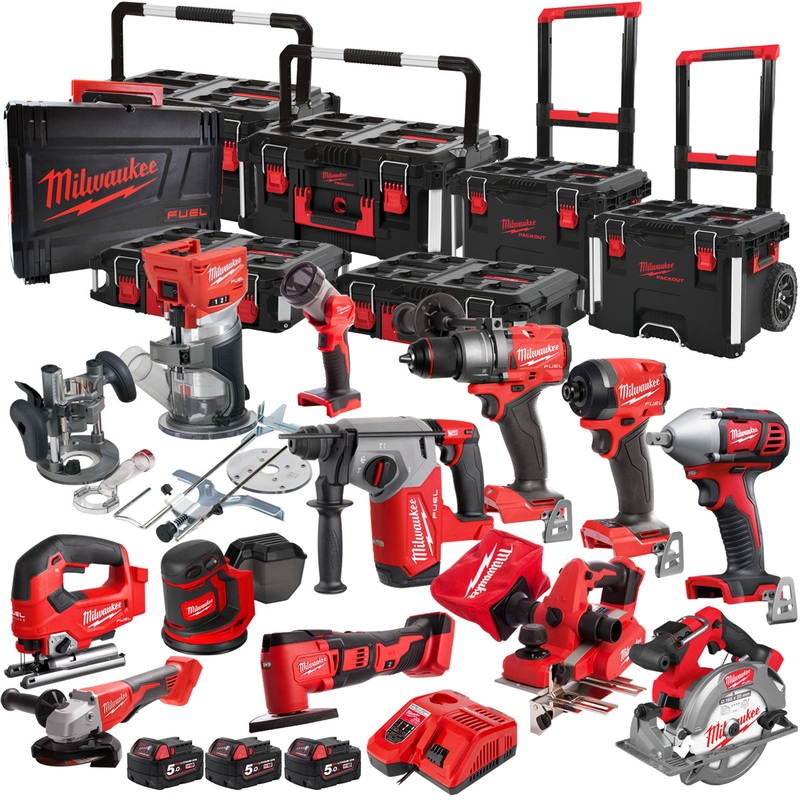 Milwaukee 18V 12 Piece Power Tool Kit with 3 x 5.0Ah Battery Charger & Trolley Toolbox