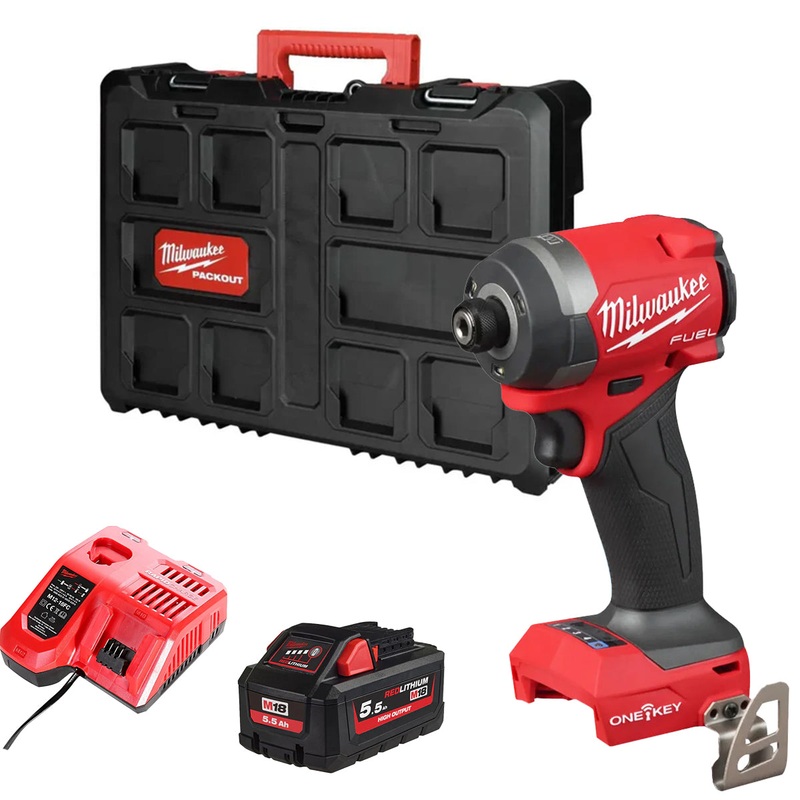 Milwaukee M18ONEID3-0X 18V FUEL ONE-KEY Brushless 1/4 Impact Driver with 1 x 5.5Ah Battery Charger & Empty Tool Box (Without Inlay)