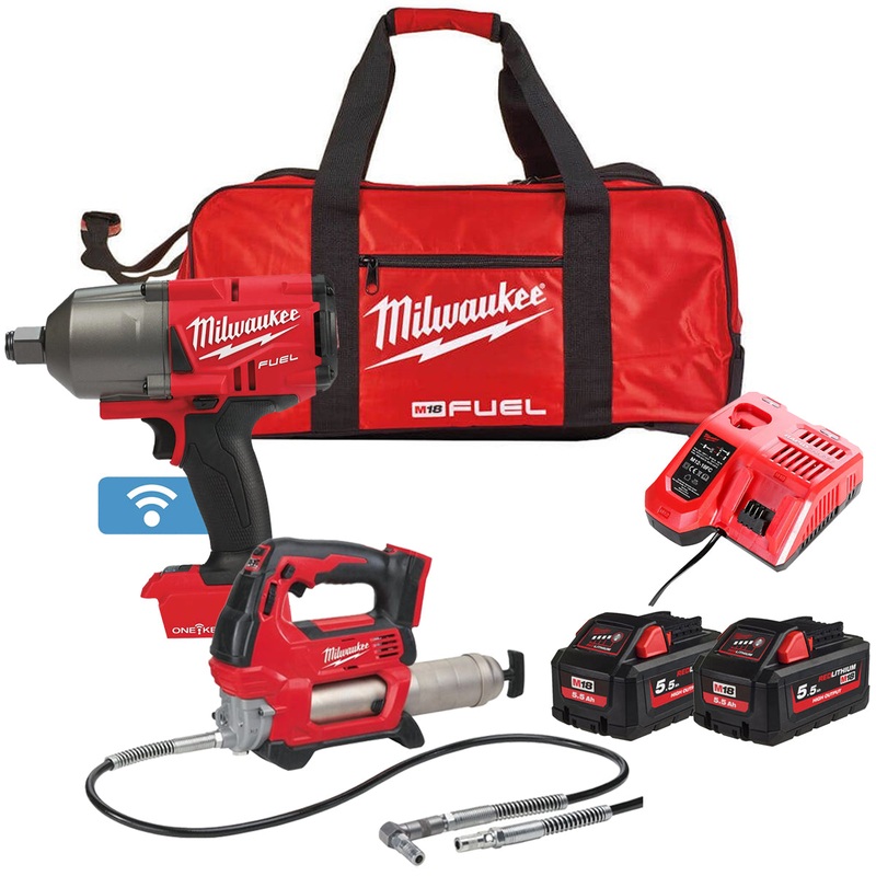 Milwaukee M18ONEPP2Q-505B 18V Fuel 3/4 Impact Wrench & Grease Gun with 2 x 5.5Ah Battery Charger & Bag
