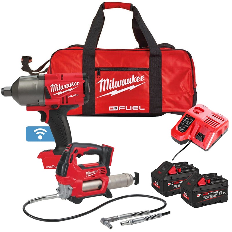 Milwaukee M18ONEPP2Q-508B 18V Fuel 3/4 Impact Wrench & Grease Gun with 2 x 8.0Ah Battery Charger & Bag