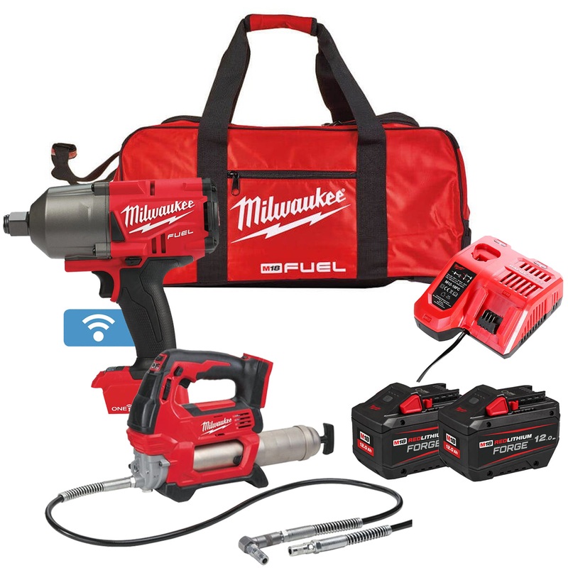 Milwaukee M18ONEPP2Q-512B 18V Fuel 3/4 Impact Wrench & Grease Gun with 2 x 12.0Ah Battery Charger & Bag