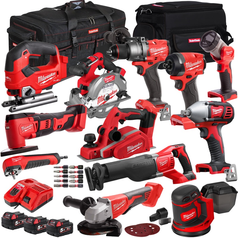 Milwaukee 18V 11 Piece Power Tool Kit with 3 x 5.0Ah Batteries T4TKITM-75