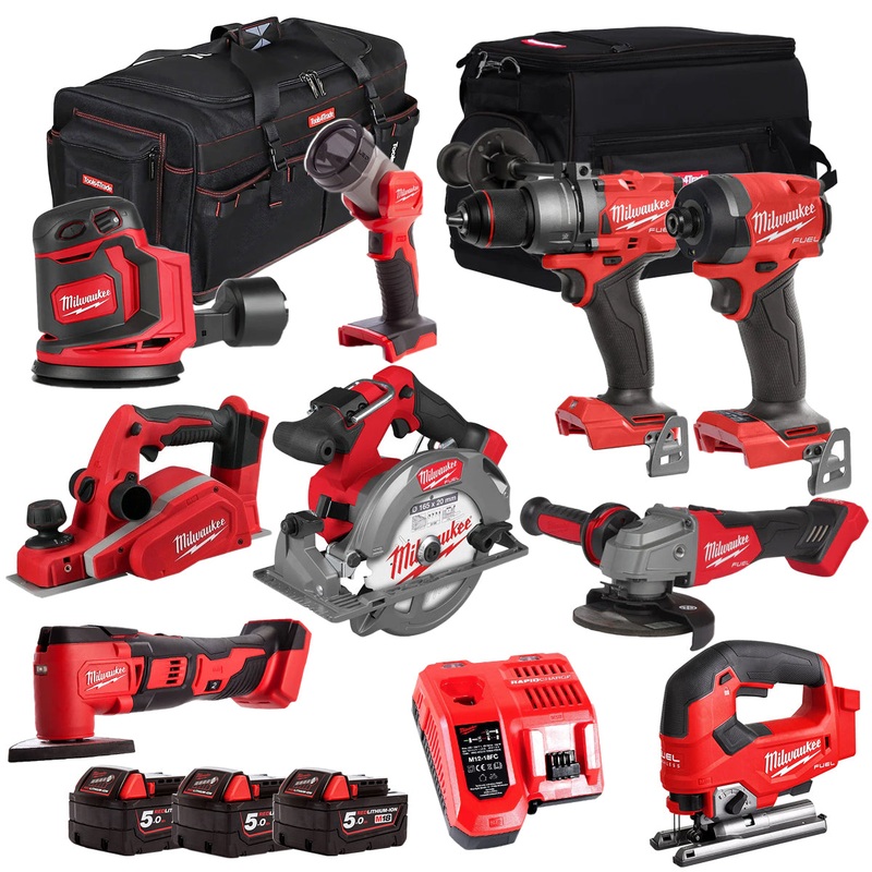 Milwaukee 18V 9 Piece Power Tool Kit with 3 x 5.0Ah Batteries T4TKITM-90