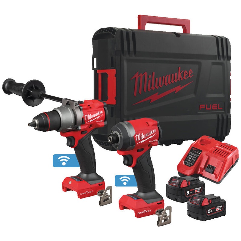 Milwaukee M18ONEPP2A3-502X 18V Fuel Brushless Combi Drill & Impact Driver with 2 x 5.0Ah Battery Charger & Case – 4933493245