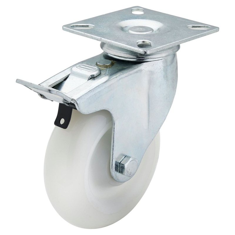 Draper Swivel Plate Fixing Nylon Wheel with Brake, 100mm Diameter, S.W.L. 125kg