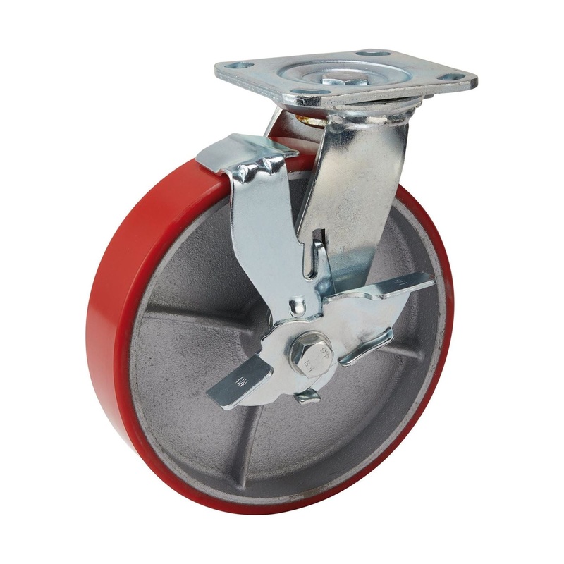 Swivel Plate Fixing Heavy Duty Polyurethane Wheel with Brake, 200mm Diameter, S.W.L. 500kg