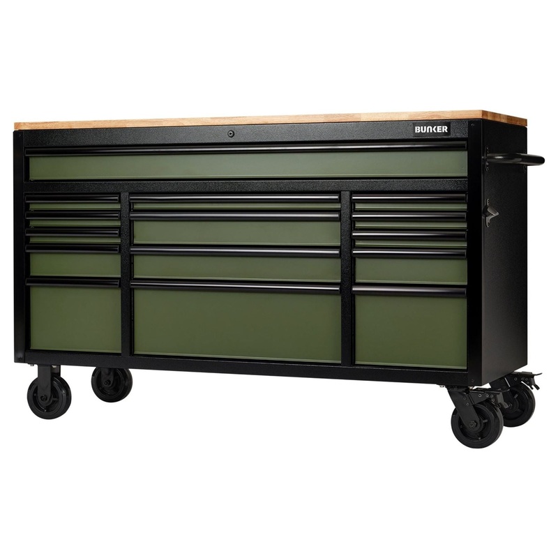 Draper Bunker 15 Drawer Workbench Roller Tool Cabinet, 61, Green