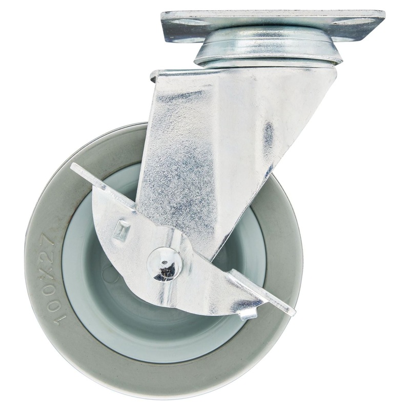 Draper Swivel Plate Fixing Rubber Castor with Brake, 100mm Diameter, S.W.L. 80kg
