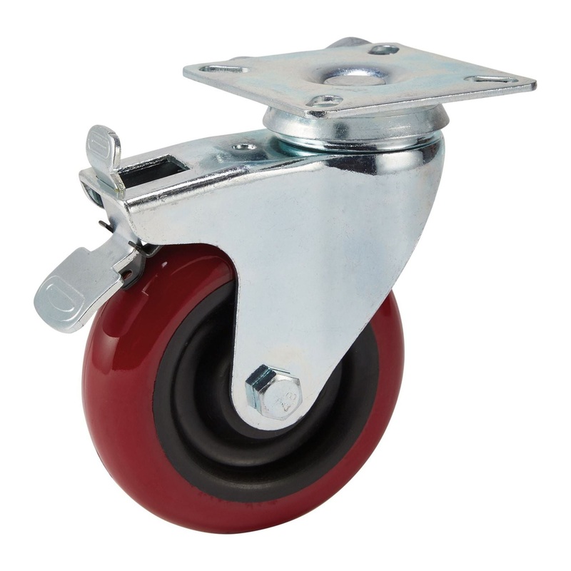 Swivel Plate Fixing Polyurethane Wheel with Brake, 100mm Diameter, S.W.L. 125kg