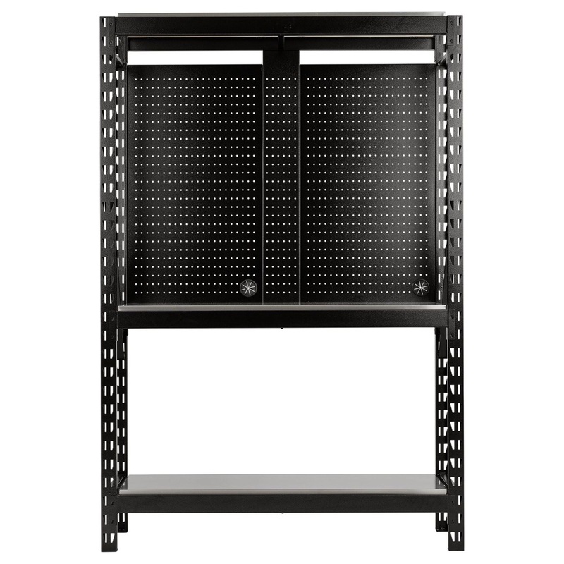bunker-17-piece-modular-3-tier-racking-with-stainless-steel-shelving-and-pegboards-1500mm_1 Bunker 17 Piece Modular 3 Tier Racking with Stainless Steel Shelving and Pegboards, 1500mm