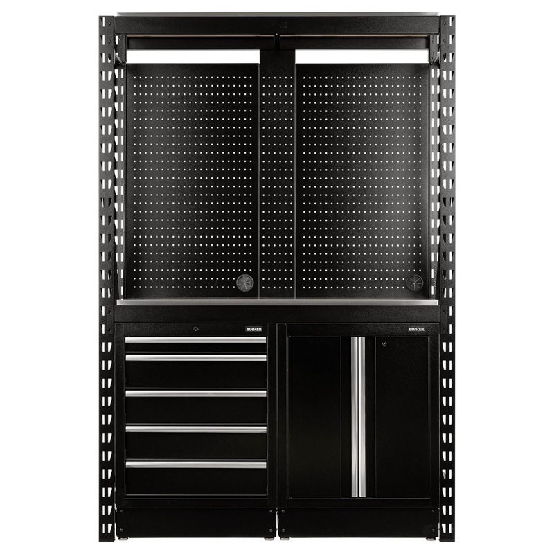 bunker-15-piece-modular-storage-combo-2-tier-racking-with-stainless-steel-shelving-pegboards-and-floor-cabinets-1500mm_1 Bunker 15 Piece Modular Storage Combo 2 Tier Racking with Stainless Steel Shelving, Pegboards and Floor Cabinets, 1500mm