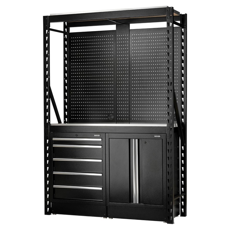 Bunker 15 Piece Modular Storage Combo 2 Tier Racking with Stainless Steel Shelving, Pegboards and Floor Cabinets, 1500mm