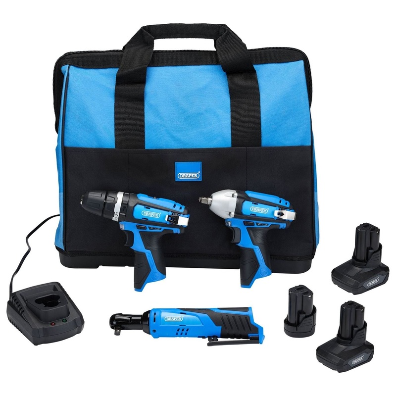 12V Drill Drive and Ratchet Interchange Kit, 2 x 4.0Ah Li-ion Battery, 1 x 1.5Ah Li-ion Battery, 1 x Fast Charger, 1 x Tool Bag
