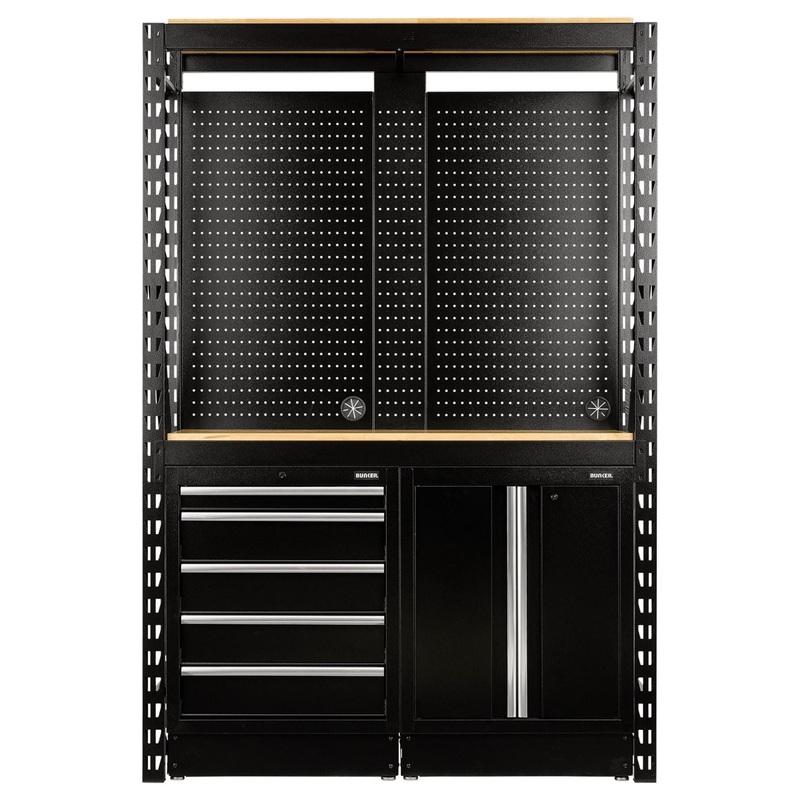 bunker-15-piece-modular-storage-combo-2-tier-racking-with-hardwood-shelving-pegboards-and-floor-cabinets-1500mm_1 Bunker 15 Piece Modular Storage Combo 2 Tier Racking with Hardwood Shelving, Pegboards and Floor Cabinets, 1500mm