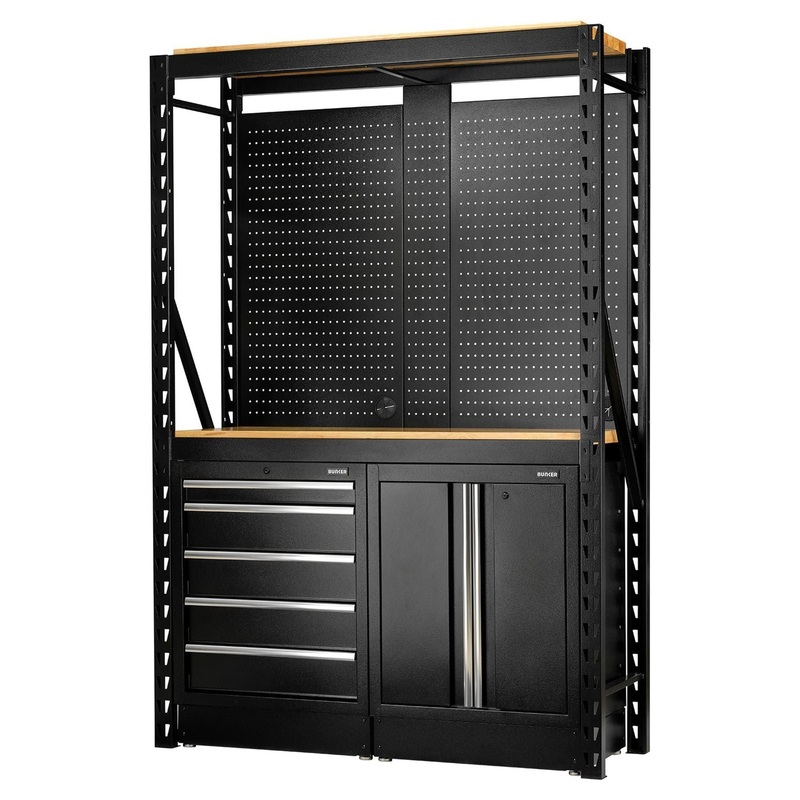 Bunker 15 Piece Modular Storage Combo 2 Tier Racking with Hardwood Shelving, Pegboards and Floor Cabinets, 1500mm