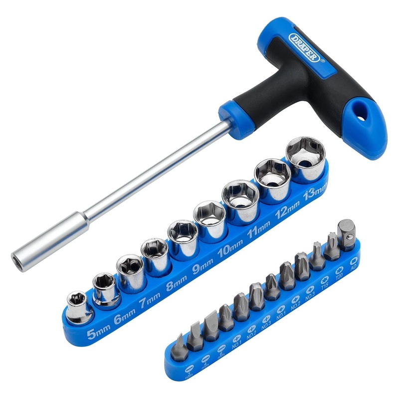 Draper T-Handle Screwdriver, Socket and Bit Set, 1/4 Sq. Dr. (22 Piece)